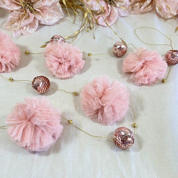 Vintage Inspired Merry Christmas Gold Blush Pink Tulle Tree Garland New 6' New - Picture 3 of 6